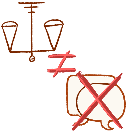 A drawing of the inverted scales symbol for ASPD and two speech bubbles with a large red X over them. Between them is a pink and red unequal sign. 